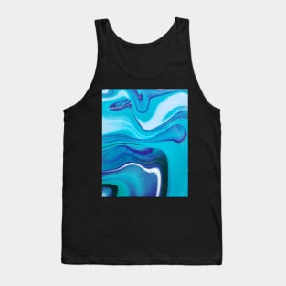 Blue, White, and Green Striped Acrylic Pour Painting Tank Top